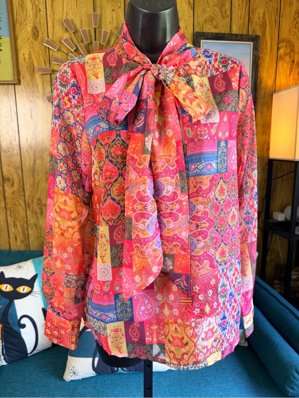 Vibrant Floral Patchwork Bow Blouse from SHEIN